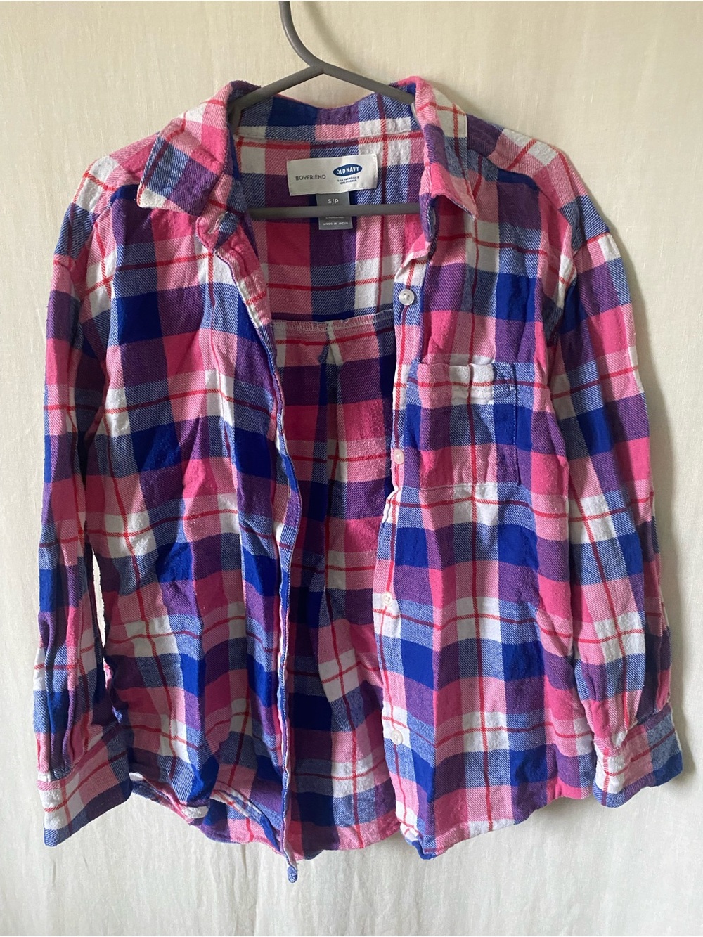 Old Navy Pink, Blue & White Plaid Girls' Button-Down Plaid Shirt Small 6-7